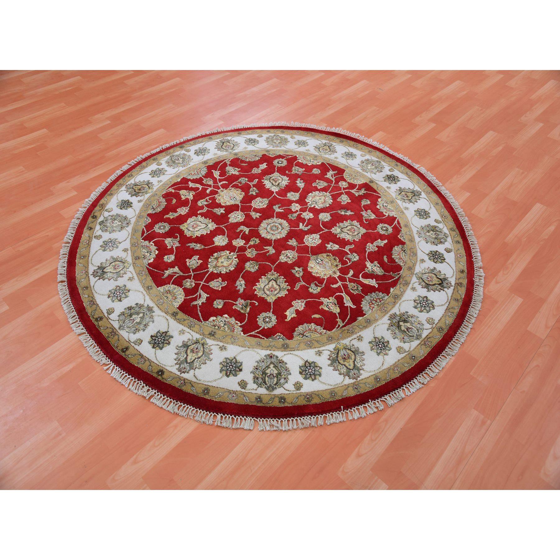 Medieval 6'x6' Exotic Red Hand Knotted Wool and Silk Rajasthan Design Round Rug For Sale