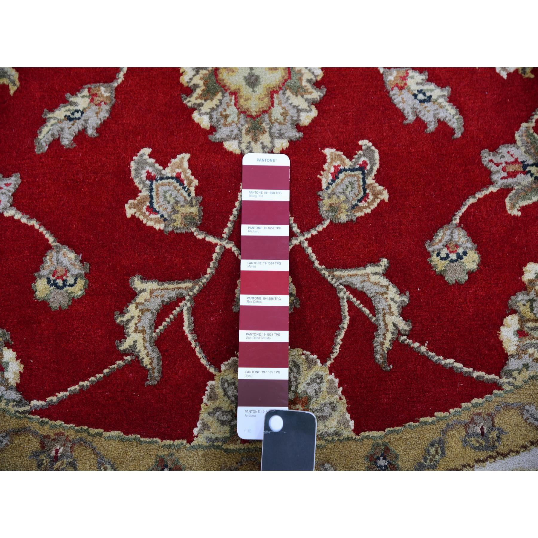 Contemporary 6'x6' Exotic Red Hand Knotted Wool and Silk Rajasthan Design Round Rug For Sale