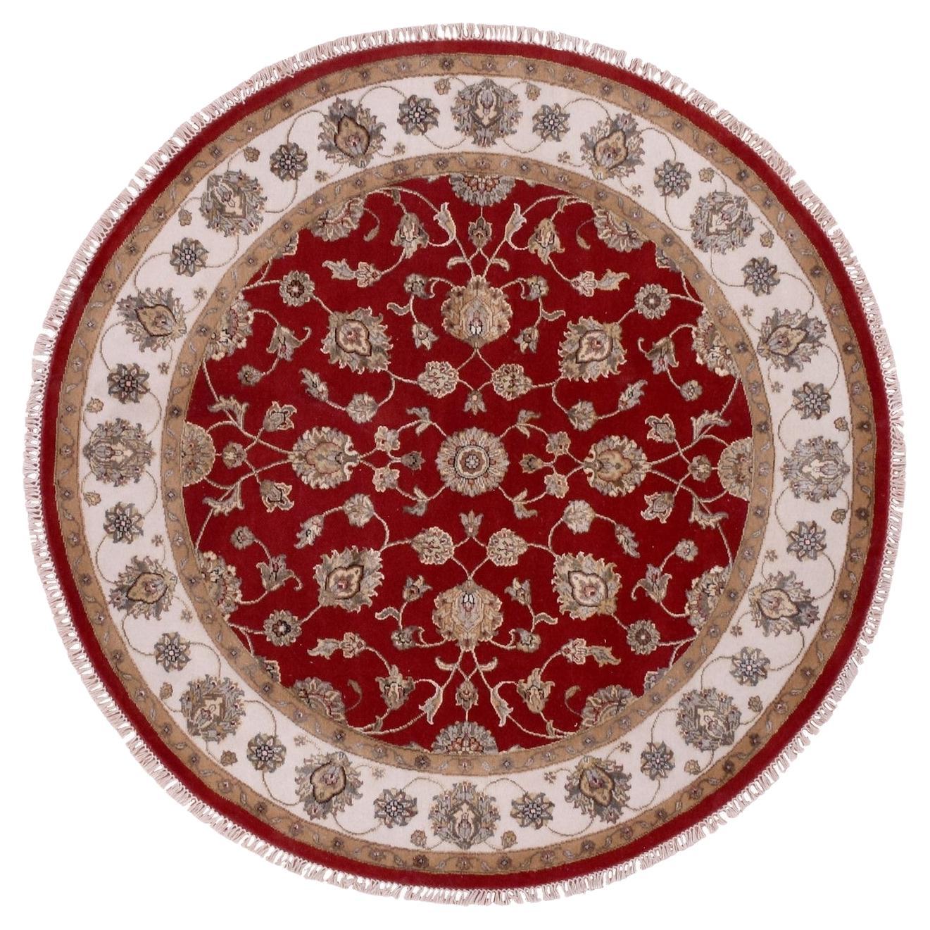 Tapis rond rouge exotique noué à la main en laine et soie Rajasthan Design 6'x6'.