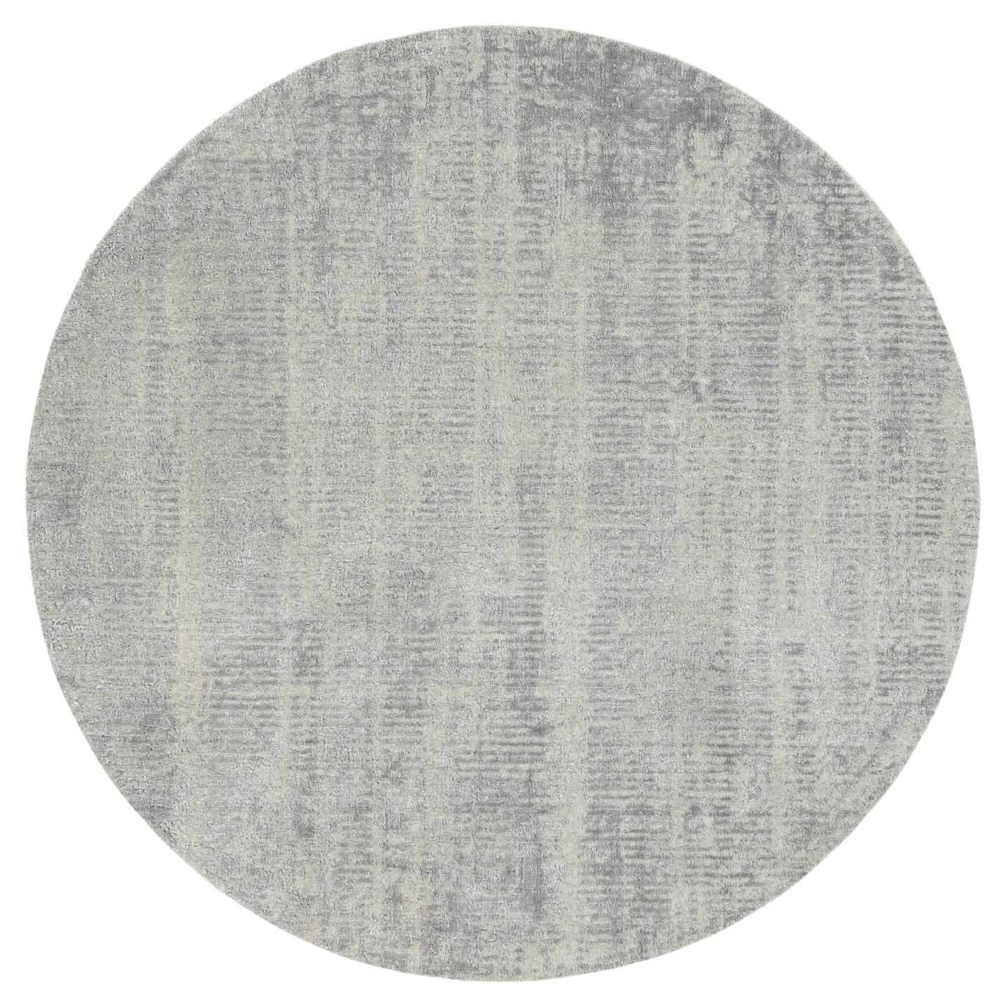 6'x6' Feiner Jacquard Grauer Handgewebter Moderner Design Teppich aus Wolle und Seide Rund