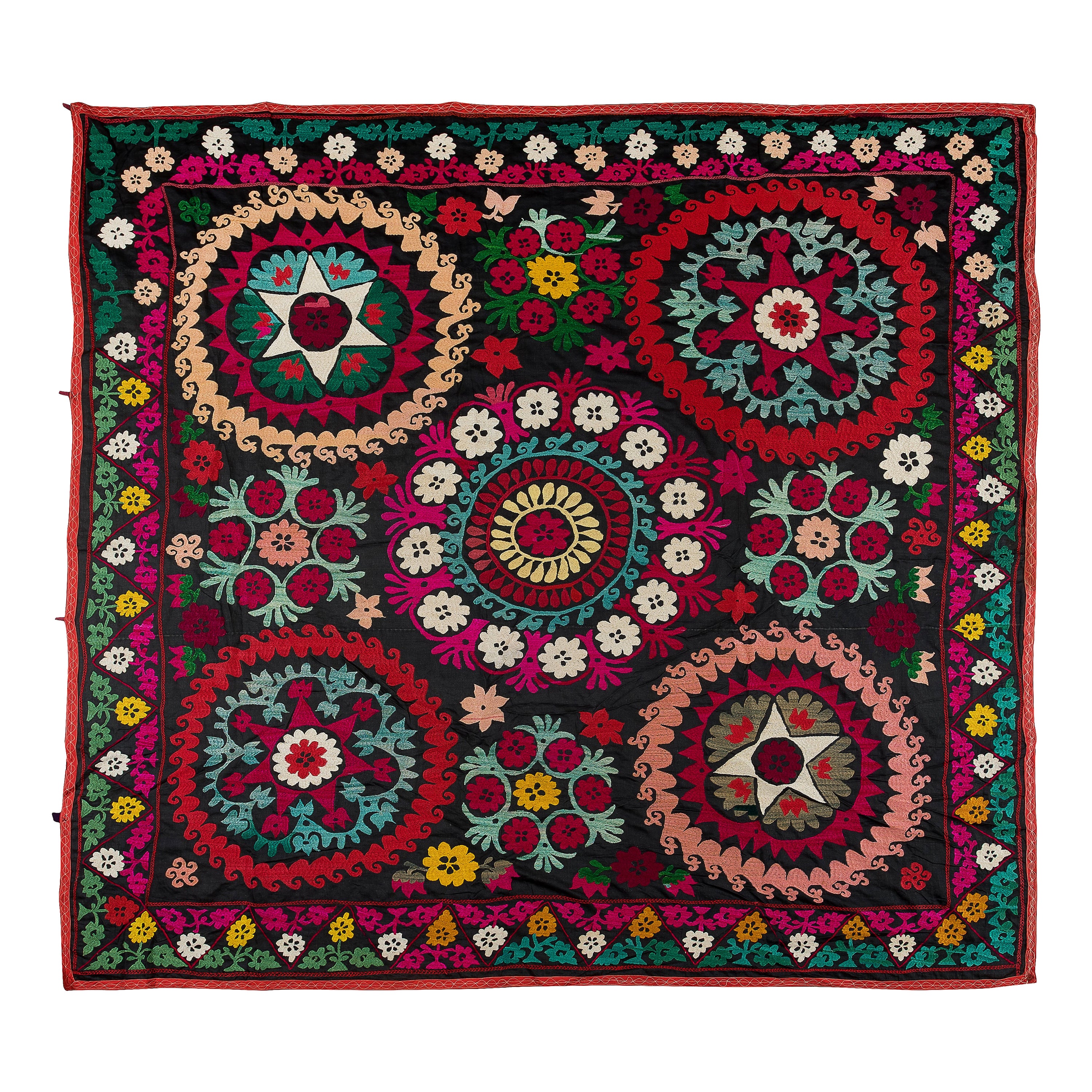 6x6 Ft Vintage Silk Embroidery Bed Cover, Square Wall Hanging, Colorful Throw