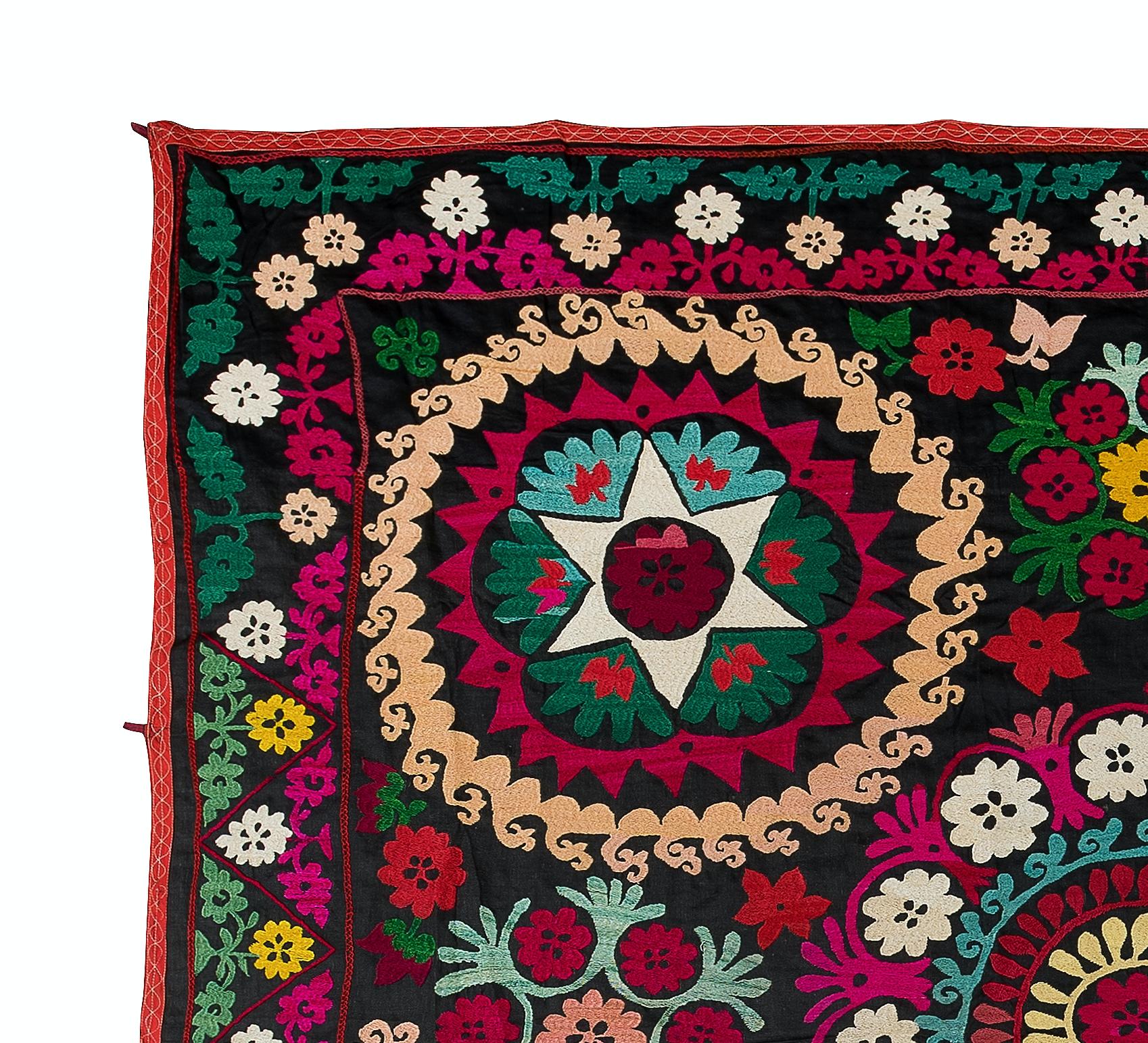Suzani 6x6 Ft Vintage Silk Embroidery Bed Cover, Square Wall Hanging, Colorful Throw For Sale