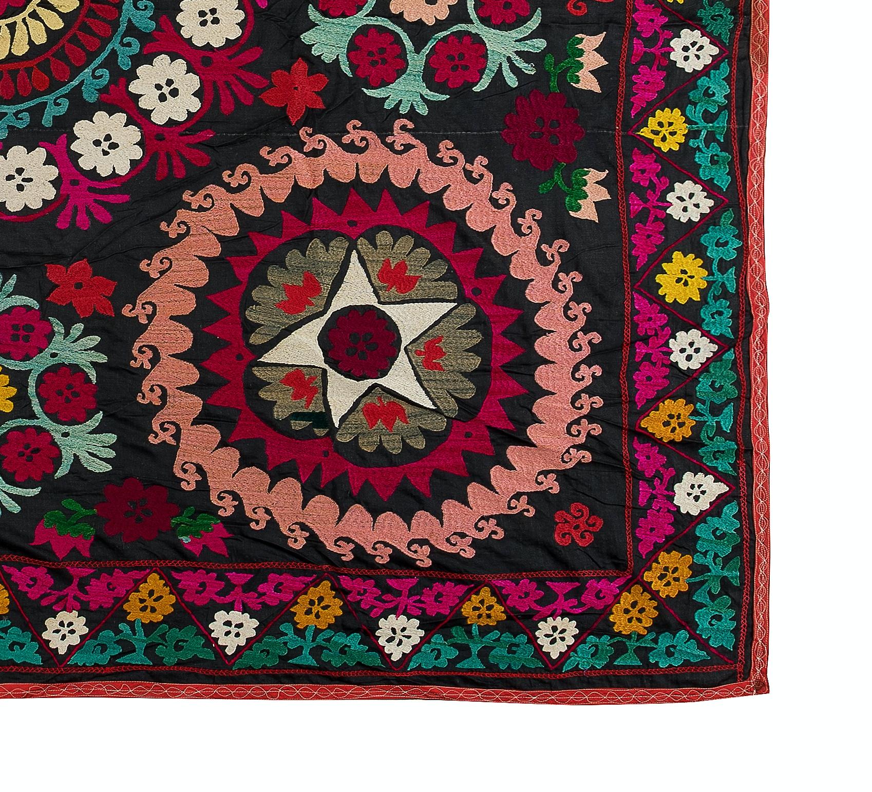 Embroidered 6x6 Ft Vintage Silk Embroidery Bed Cover, Square Wall Hanging, Colorful Throw For Sale