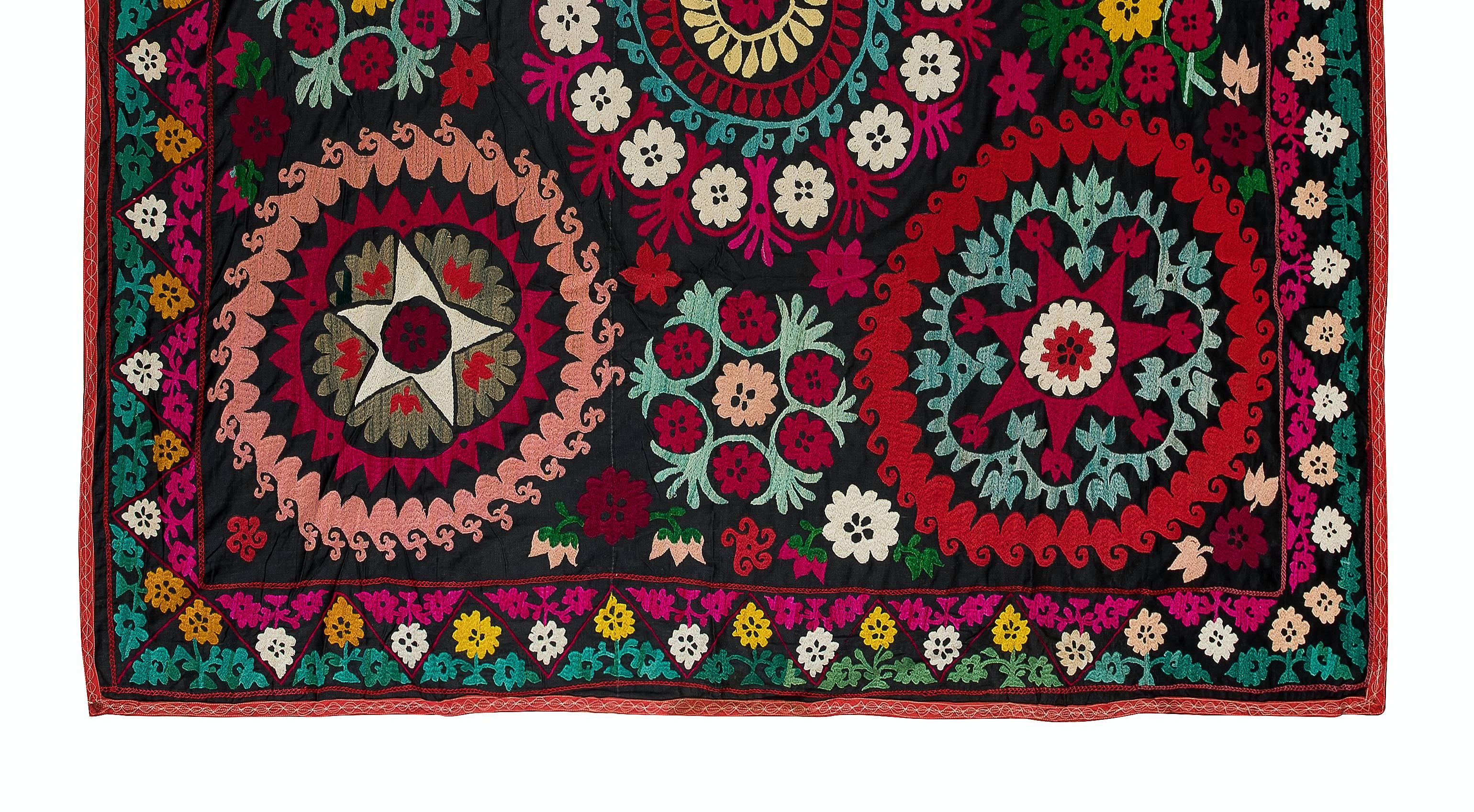 Uzbek 6x6 Ft Vintage Silk Hand Embroidery Bed Cover, Square Asian Suzani Wall Hanging For Sale