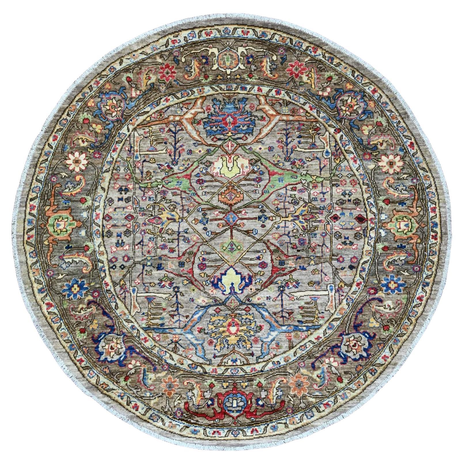 6'x6' Gray Peshawar with Bijar Garus Design Hand Knotted Pure Wool Round Rug