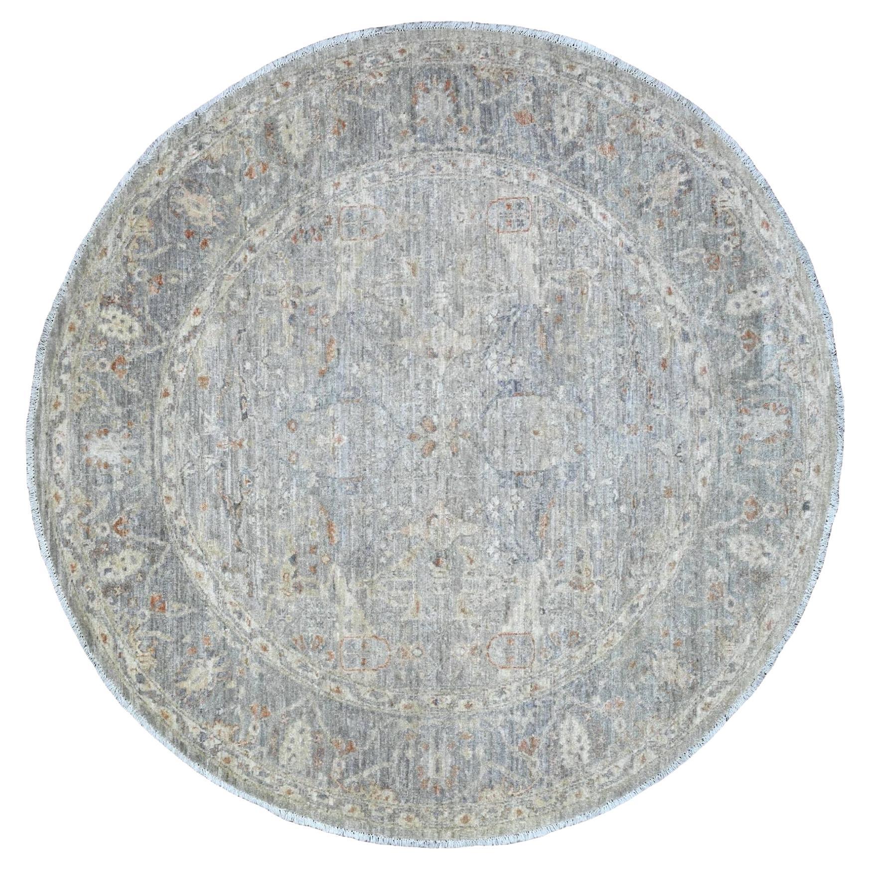 6'x6' Gray Peshawar Ziegler Mahal Design Hand Knotted Pure Wool Round Rug