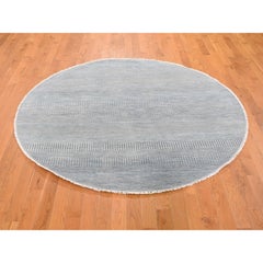 6'x6' Gray Wool and Silk Grass Design Hand Knotted Round Oriental Rug