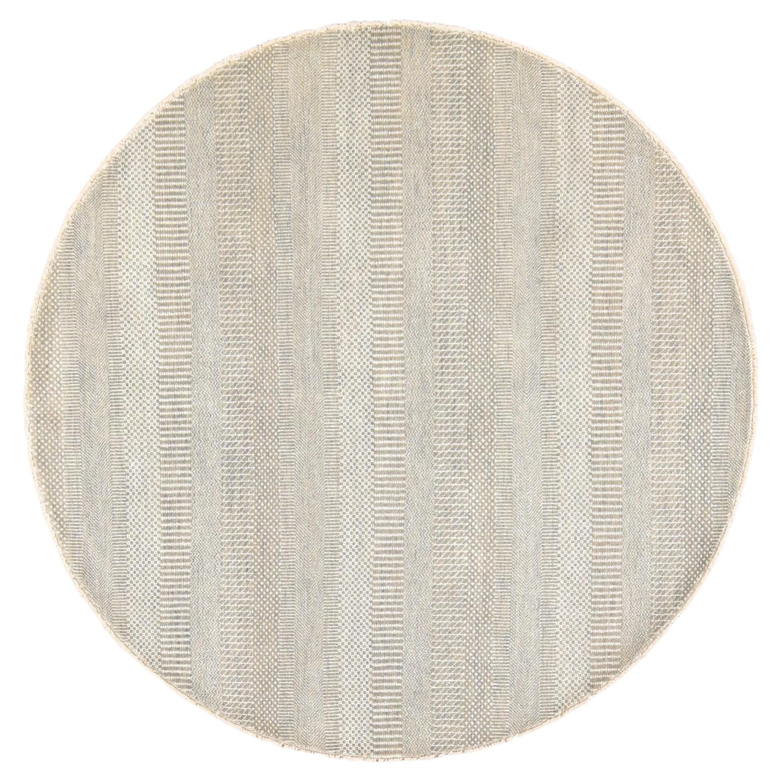 6'x6' Gray Wool and Silk Grass Design Tone on Tone Hand Knotted Round Rug