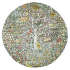 6'x6' Green Peshawar Birds of Paradise Design Hand Knotted Wool Round Rug