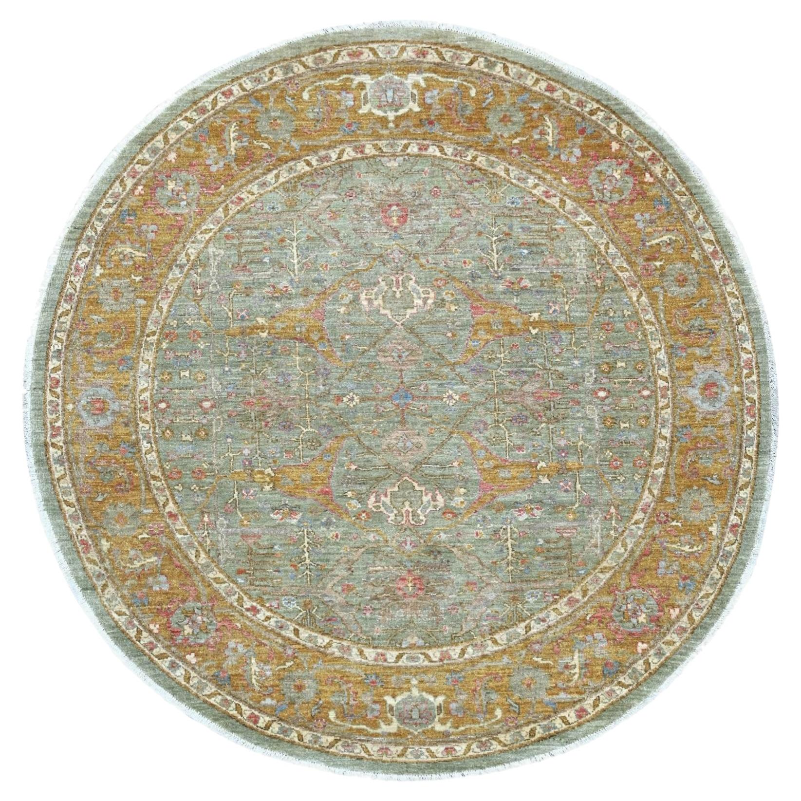6'x6' Green Peshawar with Bijar Garus Design Hand Knotted Wool Round Rug