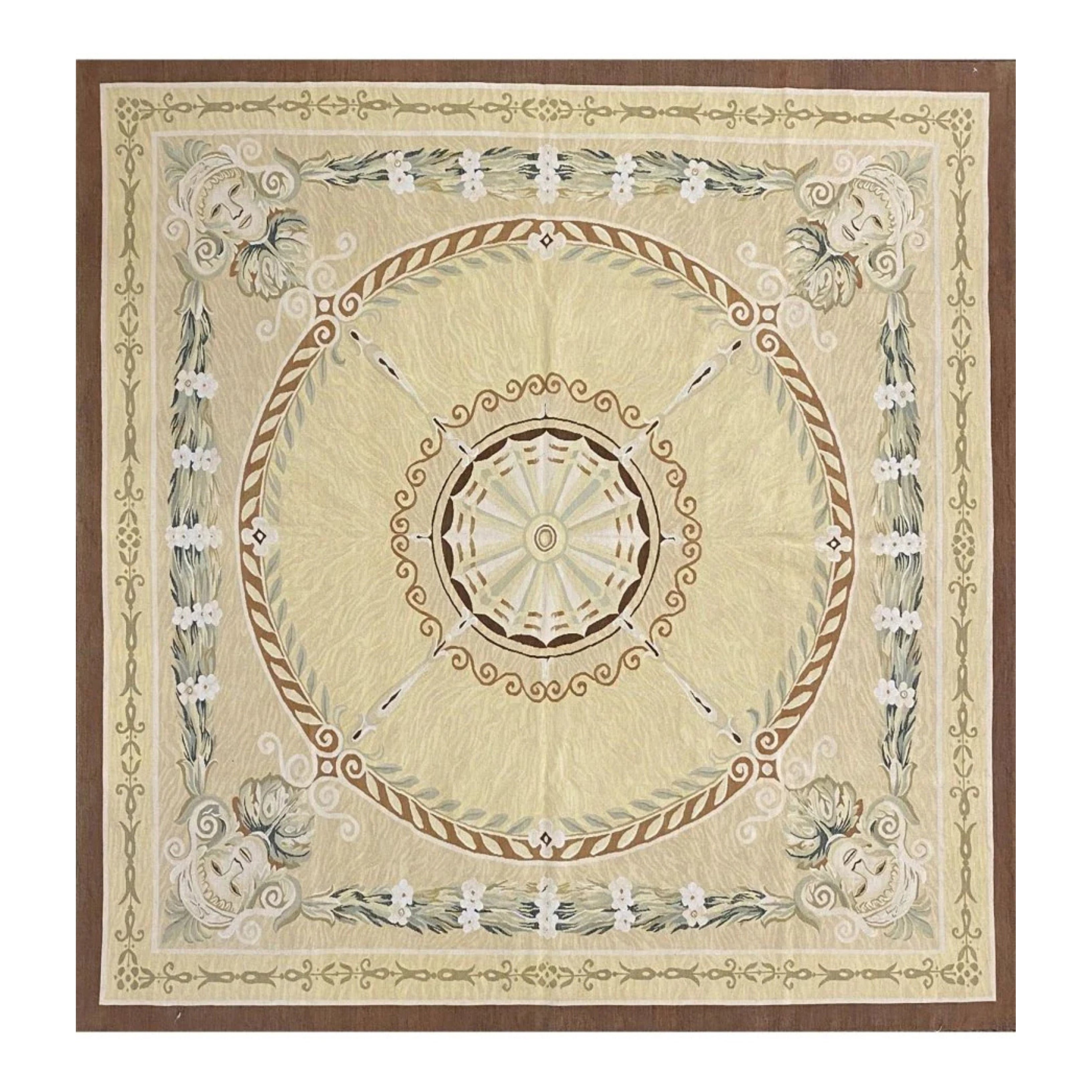 6x6 Hand Knotted French Aubusson Style Area Rug with Elegant Geometric Design For Sale