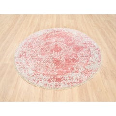 6'x6' Hand Knotted Pink Broken Persian Medallion Wool and Pure Silk Round Rug