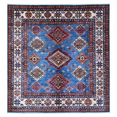 Alfombra Oriental Cuadrada Anudada a Mano con Motivos de Lana Super Kazak Azul Intel 6'x6'
