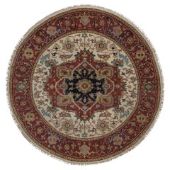 6'x6' Ivory Antiqued Fine Heriz Re-Creation Hand Knotted Soft Wool Round Rug