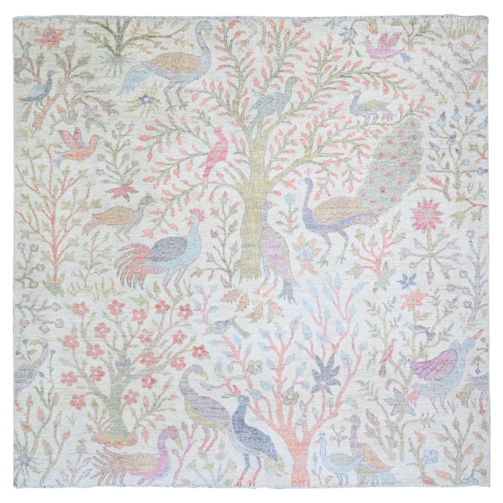 6'x6' Ivory Birds Paradise Tappeto orientale in lana quadrata Peshawar annodato a mano