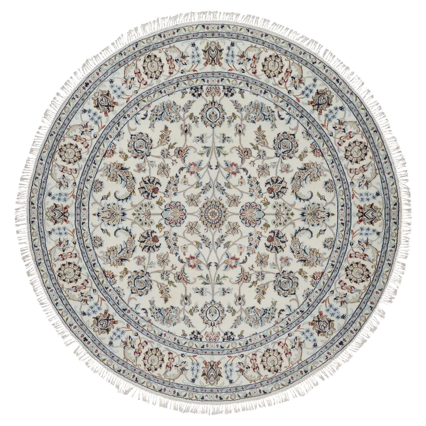 6'x6' Ivory Hand Knotted Nain with Flower Pattern Wool and Silk Round Rug