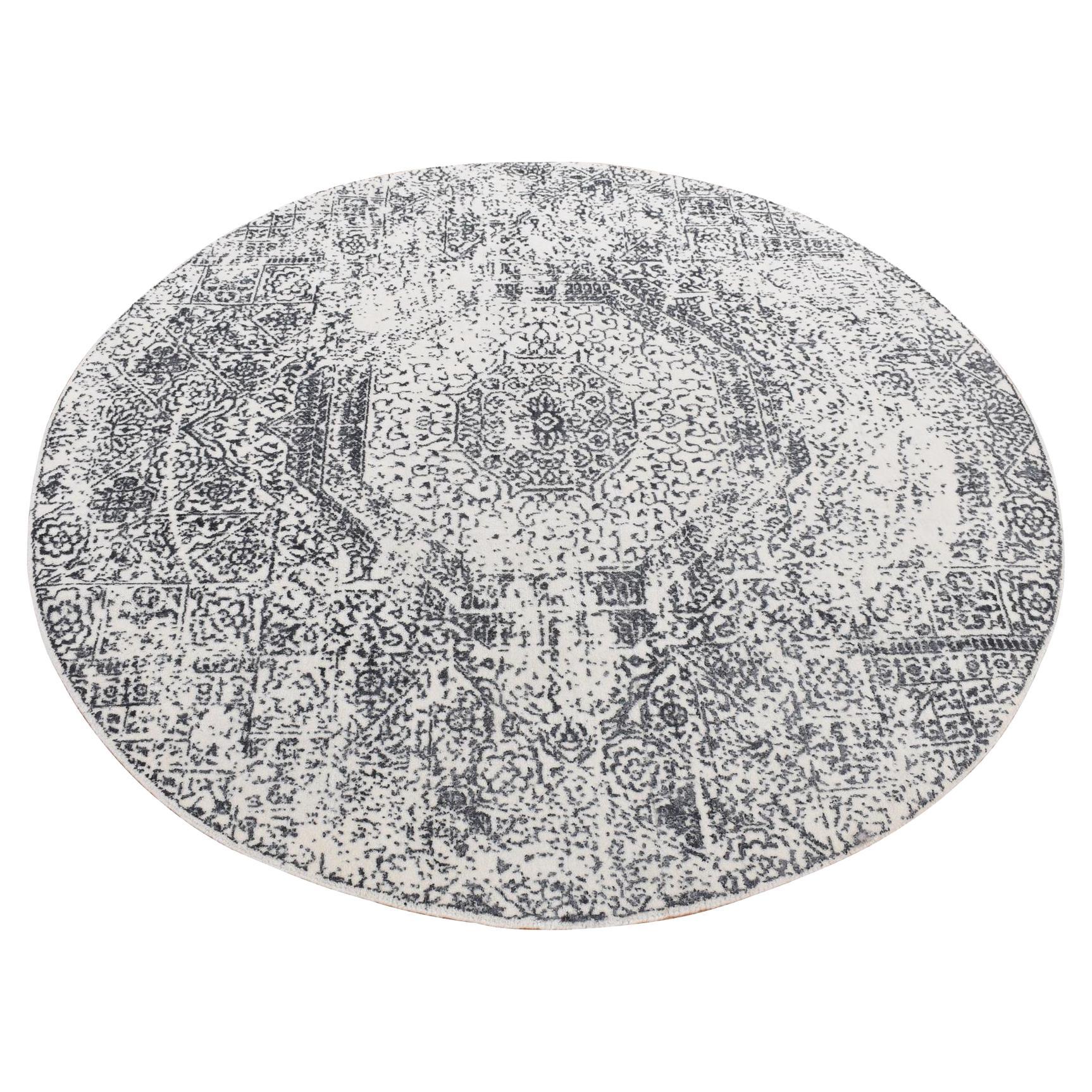 Tapis rond Ivoire 6'x6' Mamluke Design/One Pure Laine Loomé à la main en vente