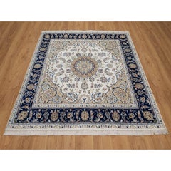 6'x6' Ivory Nain with Flower Design Wool & Silk 250 KPSI Hand Knotted Rug