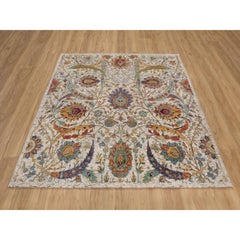 6'x6' Ivory Sickle Leaf Design Hand Knotted Silk with Textured Wool Rug