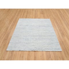6'x6' Ivory, Soft Wool Hand Loomed, Plain Modern Striped Design Square Rug