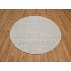 6'x6' Ivory Vertical Stripes Design Hand Loomed Natural Wool Round Rug