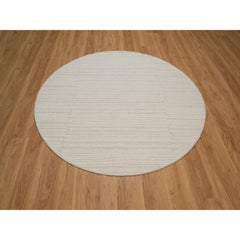 6'x6' Lace White Pure Wool Hand Knotted Modern Piled Flat Weave Round Rug