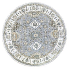 6'x6' Lavender Gray Hand Knotted Karajeh Geometric Medallion Wool Round Rug