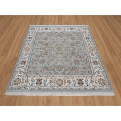 6'x6' Light Blue Nain with Flower Design Hand Knotted Wool and Silk Rug
