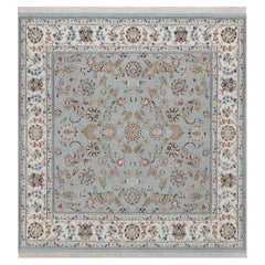 6'x6' Light Blue Nain with Flower Design Hand Knotted Wool and Silk Rug