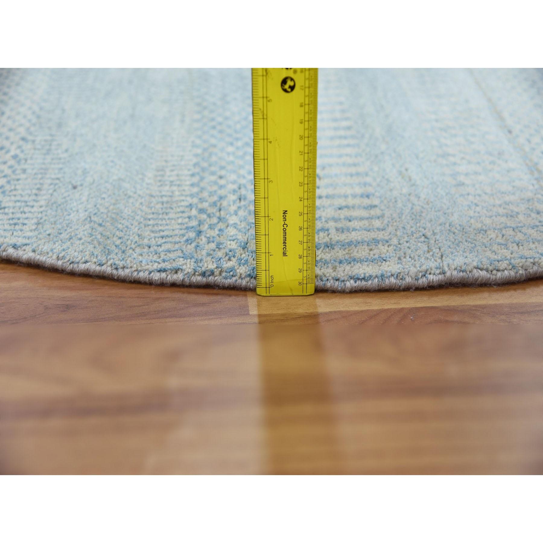 Contemporary 6'x6' Light Blue Wool and Silk Hand Knotted Modern Grass Design Round Rug For Sale