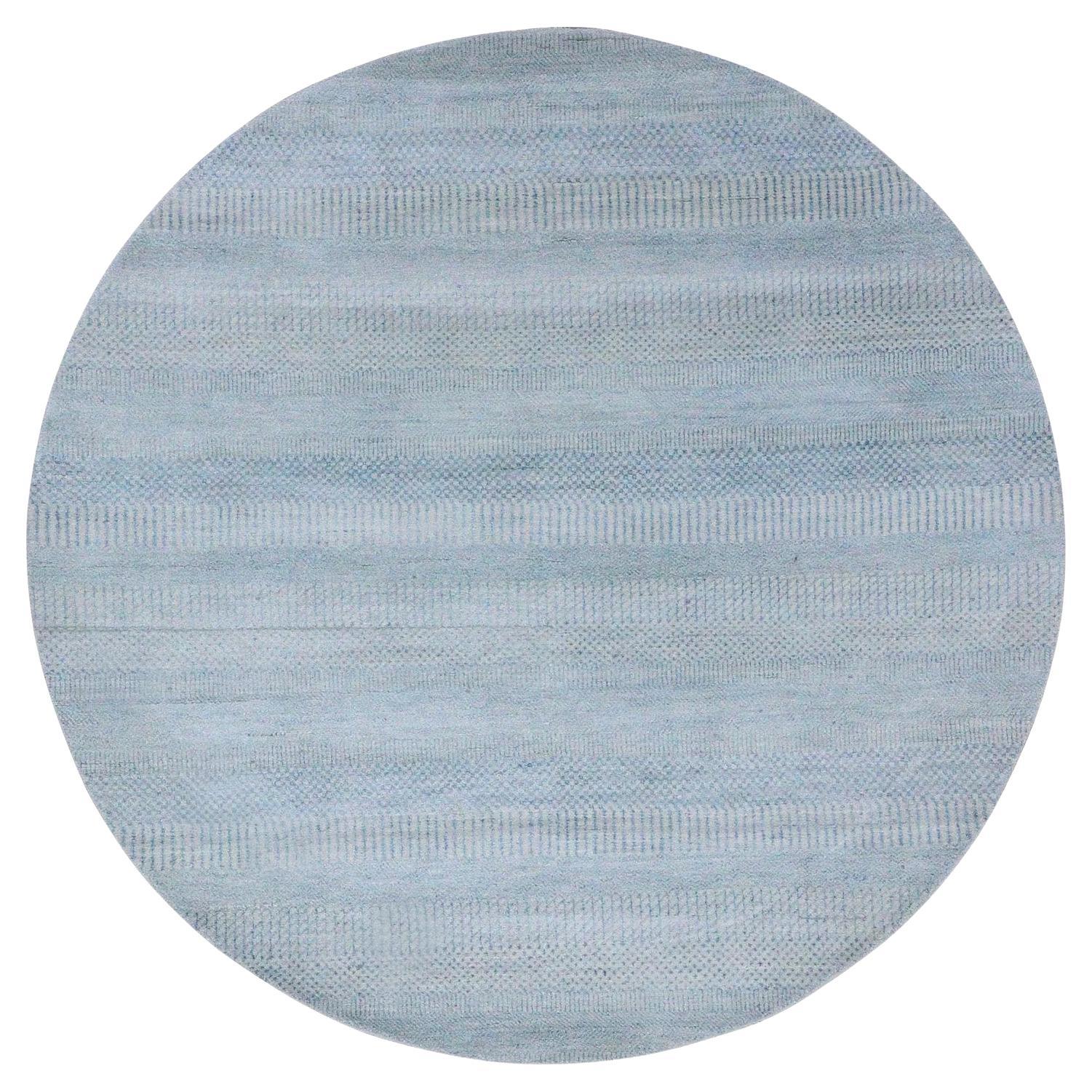 6'x6' Light Blue Wool and Silk Hand Knotted Modern Grass Design Round Rug For Sale