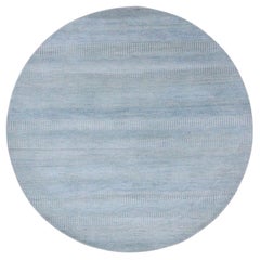 6'x6' Light Blue Wool and Silk Hand Knotted Modern Grass Design Round Rug