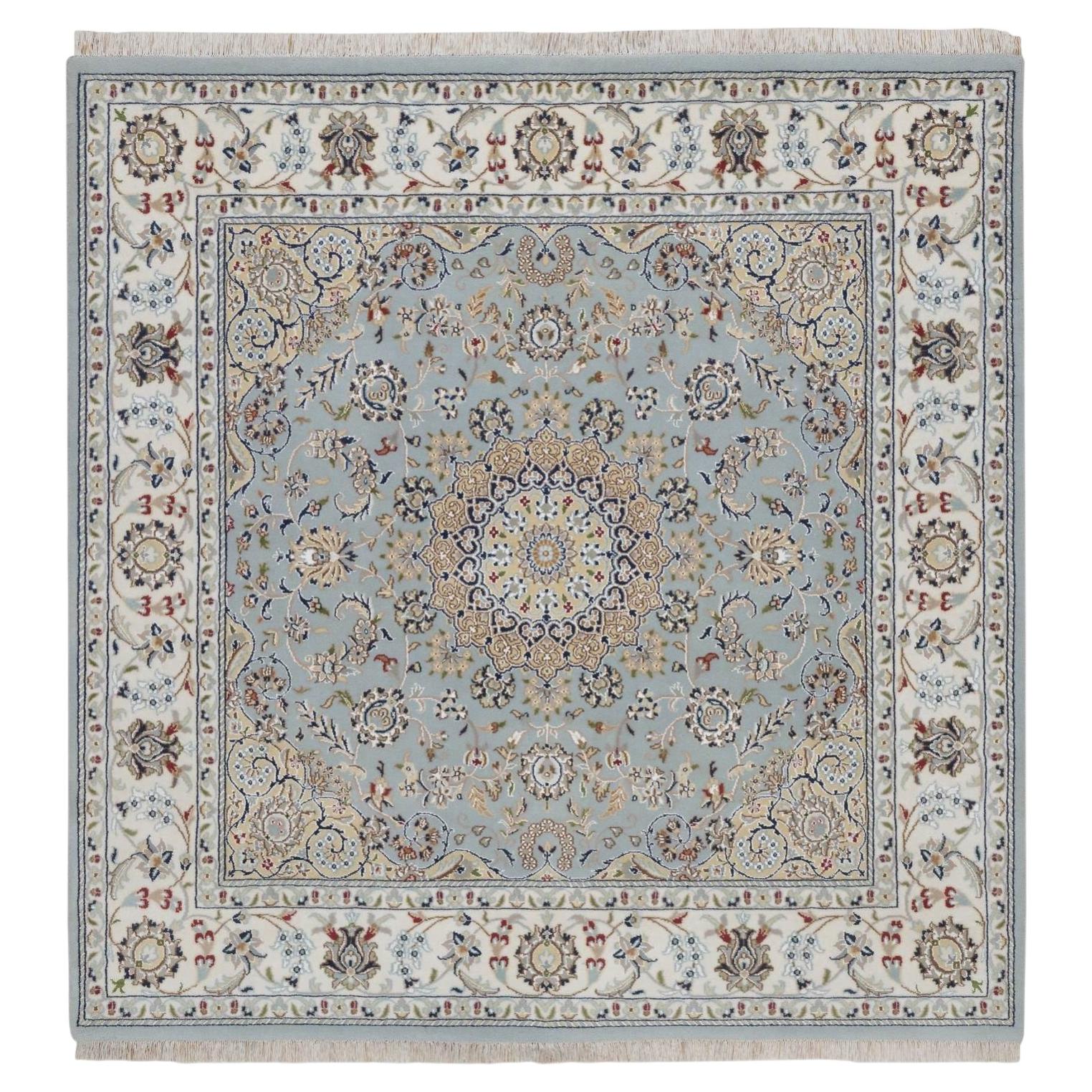 6'x6' Light Blue Wool & Silk Nain Medallion Design Hand Knotted Square Rug