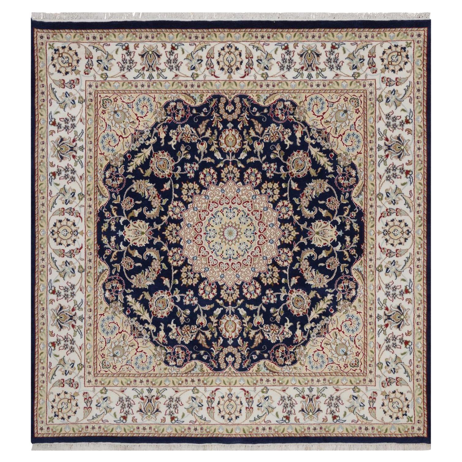 6
x6
 Midnight Blue Nain Flower Design Wool 
Silk Hand Knotted Square Rug