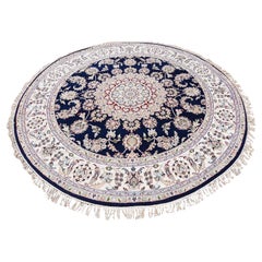 6'x6' Midnight Blue Nain Medallion Flower Design in pura lana annodata a mano Round Ru