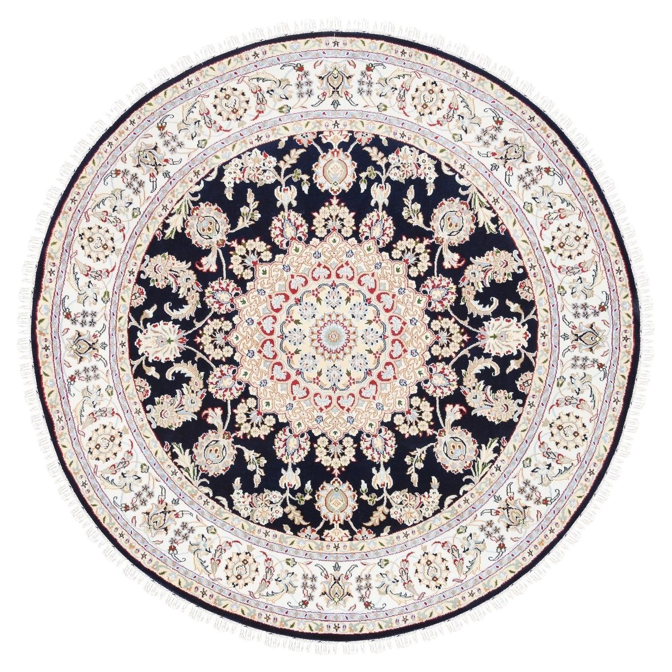 6'x6' Nain Pure Wool Center Medallion Design 250 KPSI Blue Hand Knotted Rug