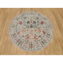 6'x6' Parchment Beige Silk and Wool Hand Knotted Directional Vase Round Rug