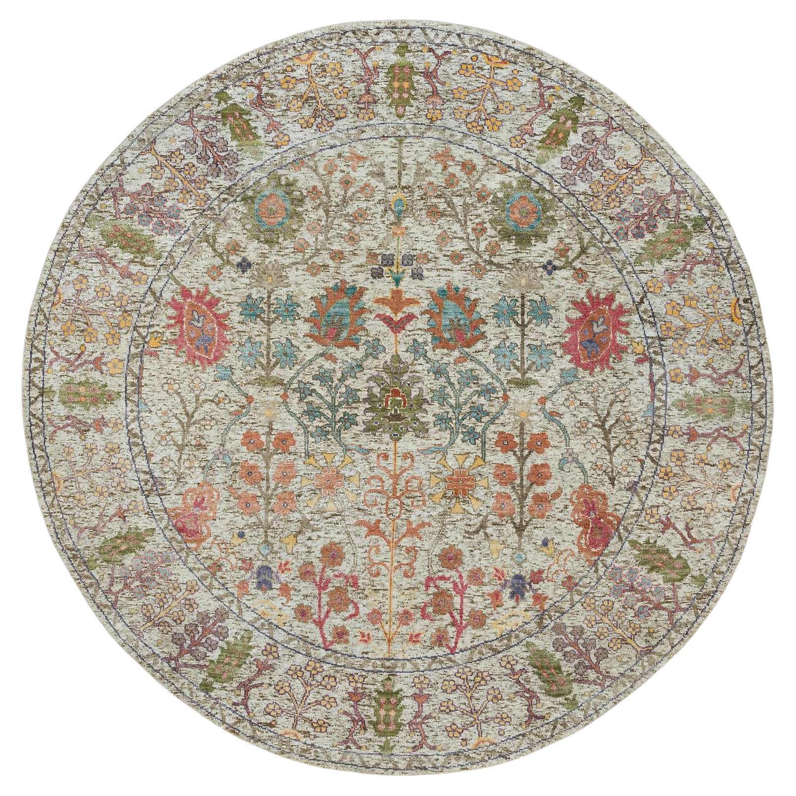 6'x6' Tappeto rotondo in seta e lana beige pergamena annodato a mano con vaso Directional