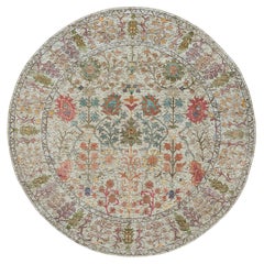 6'x6' Parchment Beige Silk and Wool Hand Knotted Directional Vase Round Rug
