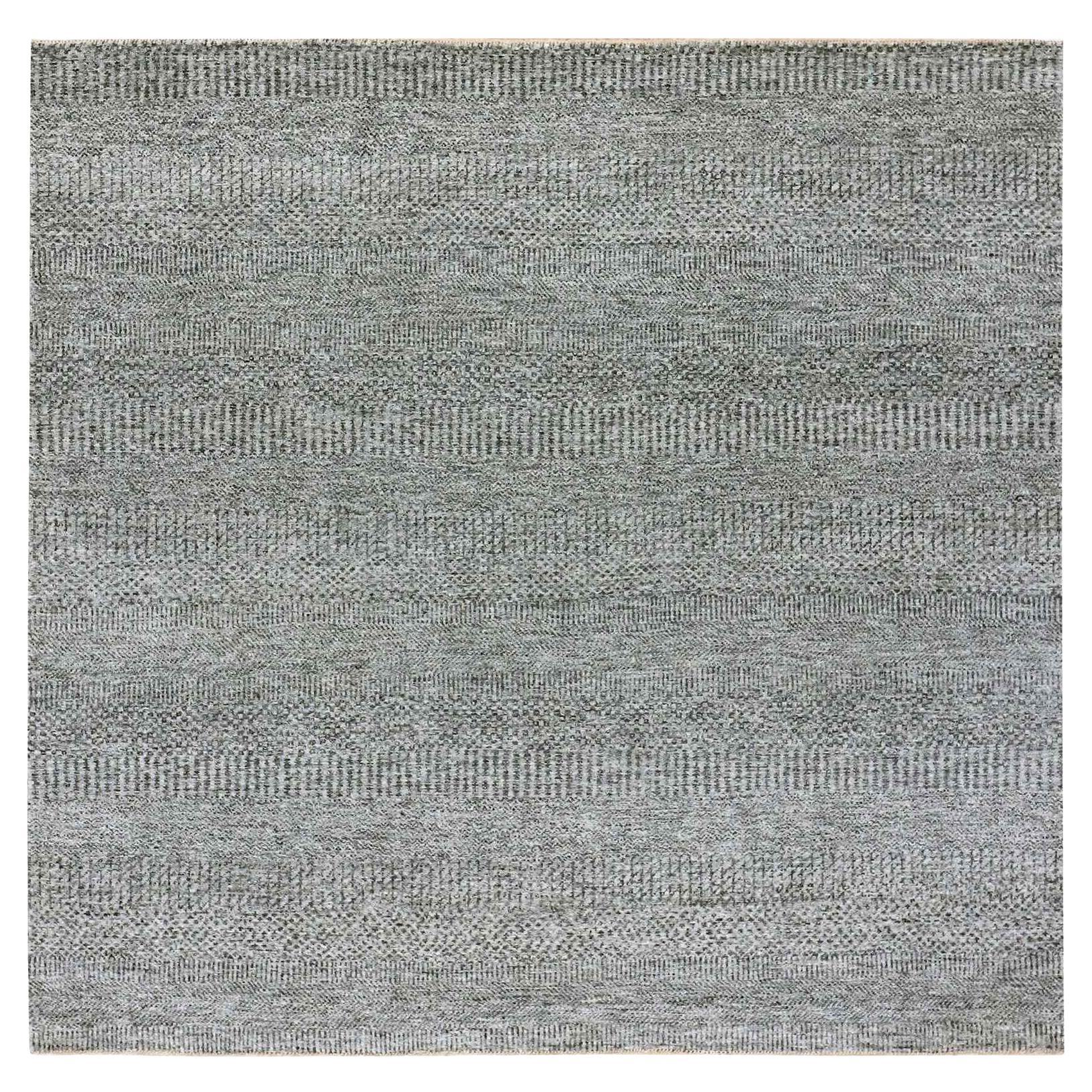 6'x6' Pediment Gray Grass Plain Design Wool Hand Knotted Oriental Square Rugs in vendita
