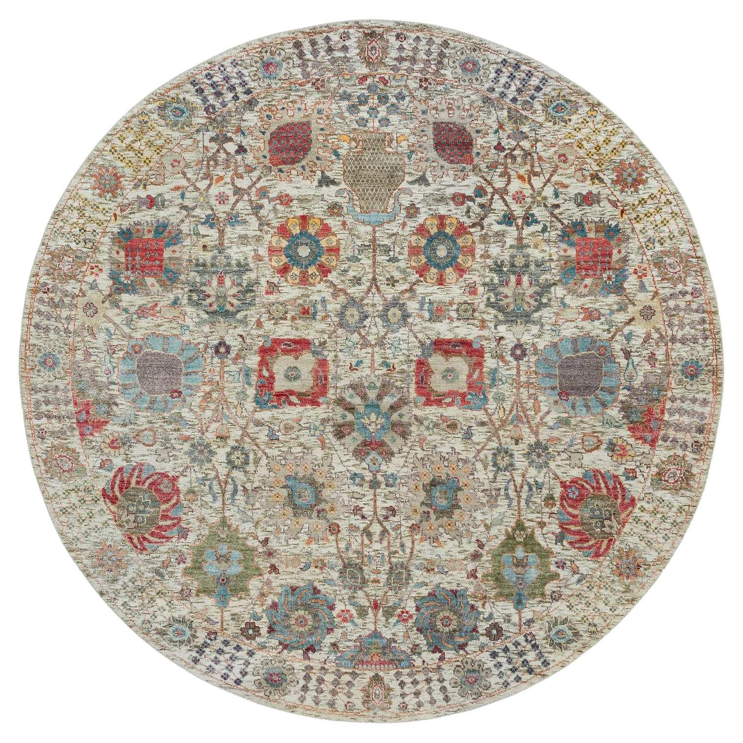 6'x6' Porcelain White Silk and Wool Hand Knotted Tebraz Vase Round Rugs