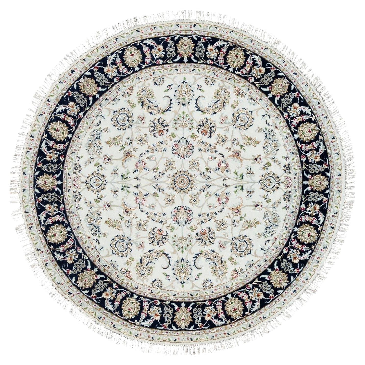 6'x6' Powder White, Hand Knotted, Nain Design, 250 KPSI Soft Wool Round Rug