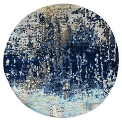 6'x6' Prussian Blue Wool and Silk Hand Knotted Mosaic Design Round Rug