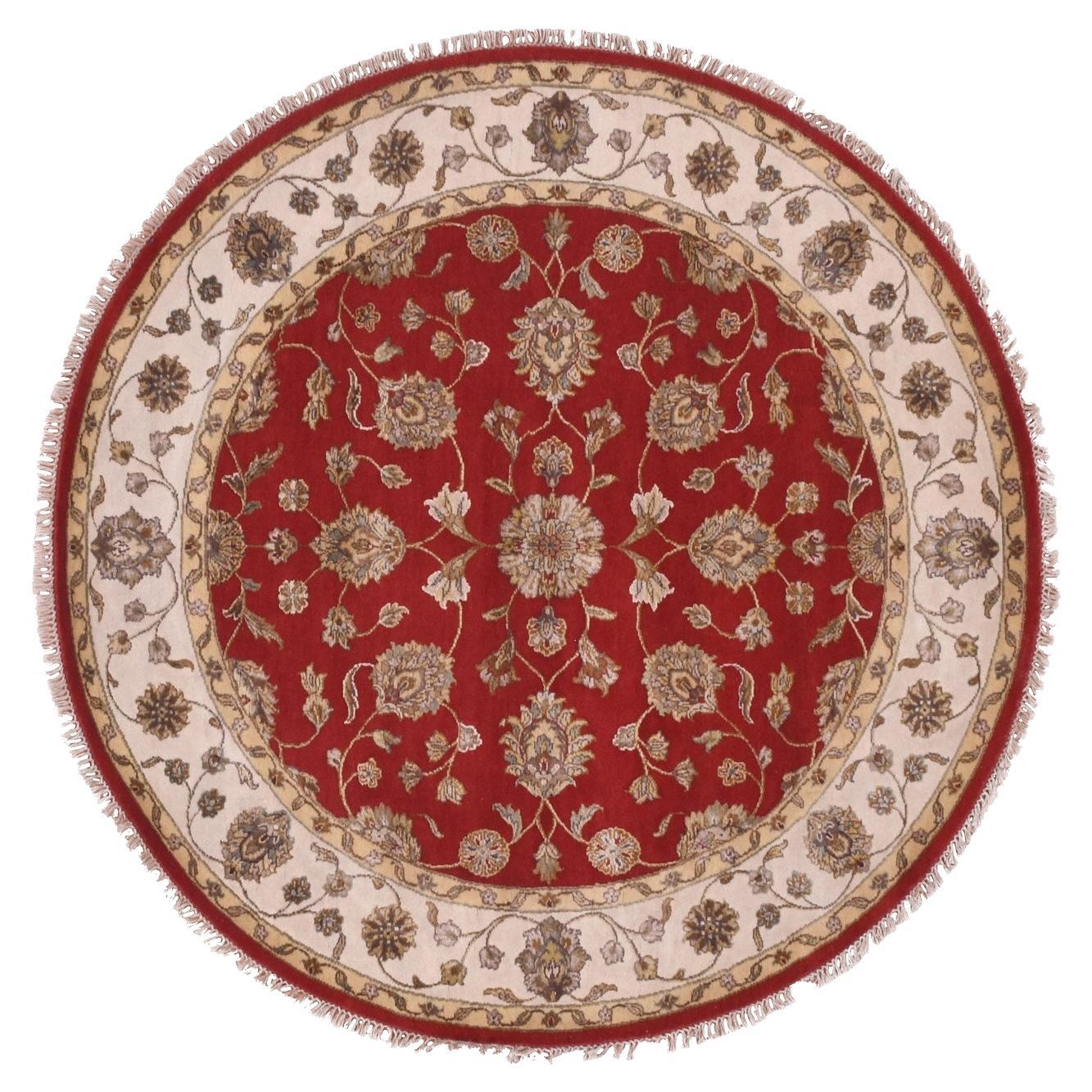 Tappeto rotondo in lana e seta con motivo all over del Rajasthan rosso annodato a mano 6'x6'