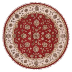6'x6' Red Rajasthan All Over Pattern Hand Knotted Wool and Silk Round Rug