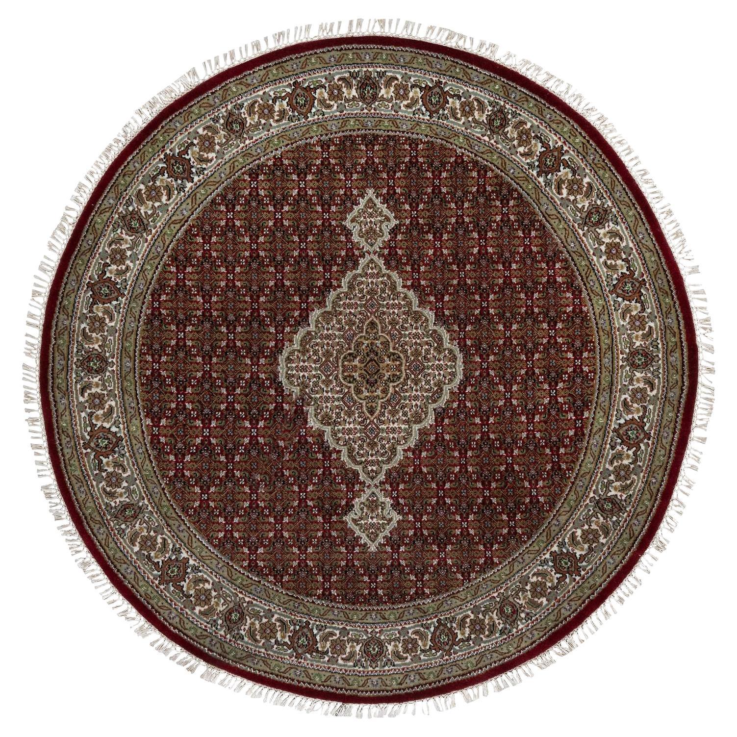 6'x6' Red Tabriz Mahi with Fish Design Pure Wool Hand Knotted Round Rug