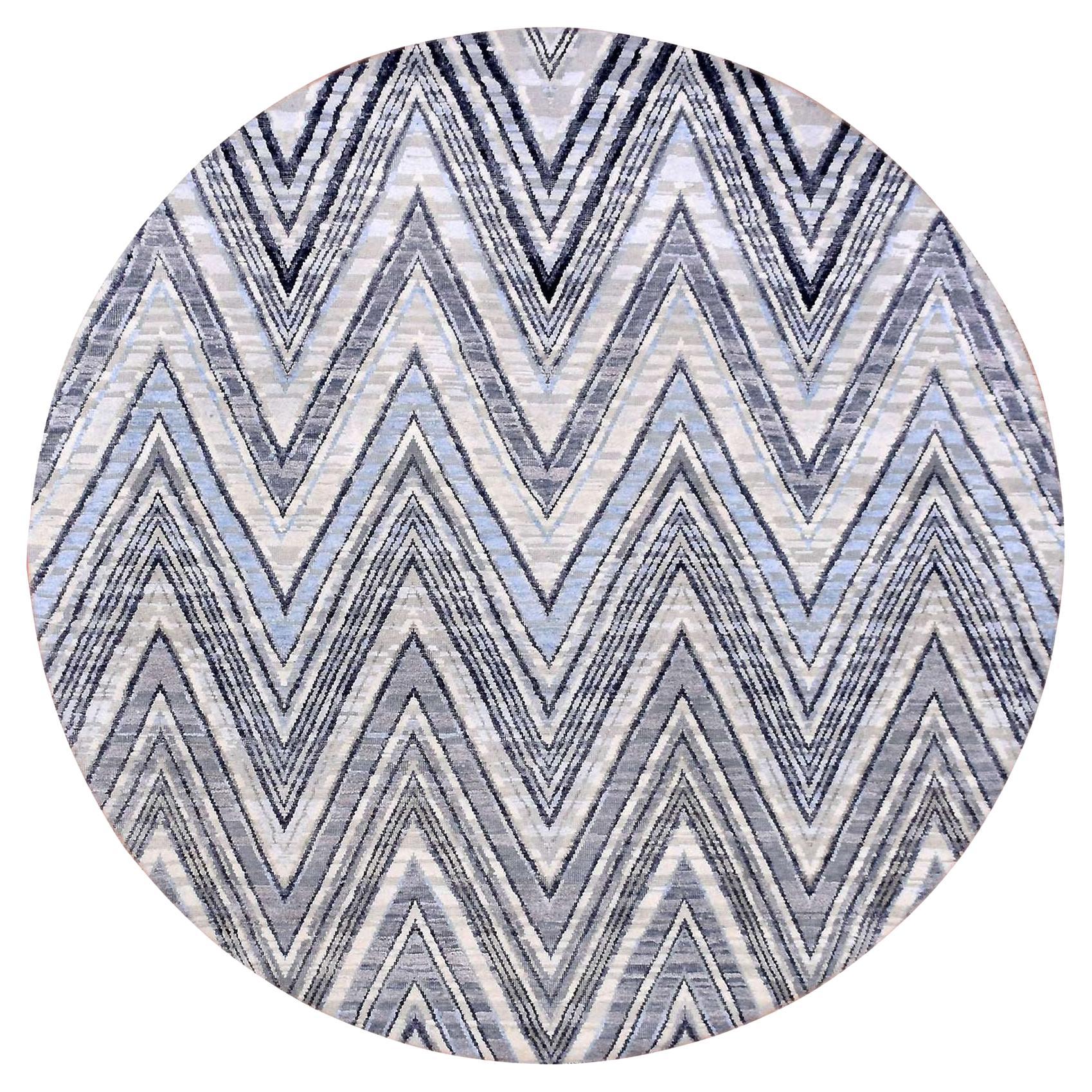 Tappeto rotondo Chevron Design Modern in Lana e Pura Seta Annodato a Mano 6'x6'
