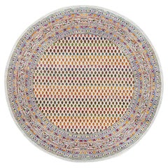 6'x6' Round Colorful Wool and Sari Silk Sarouk Mir Hand Knots Rugs (tapis noué à la main)