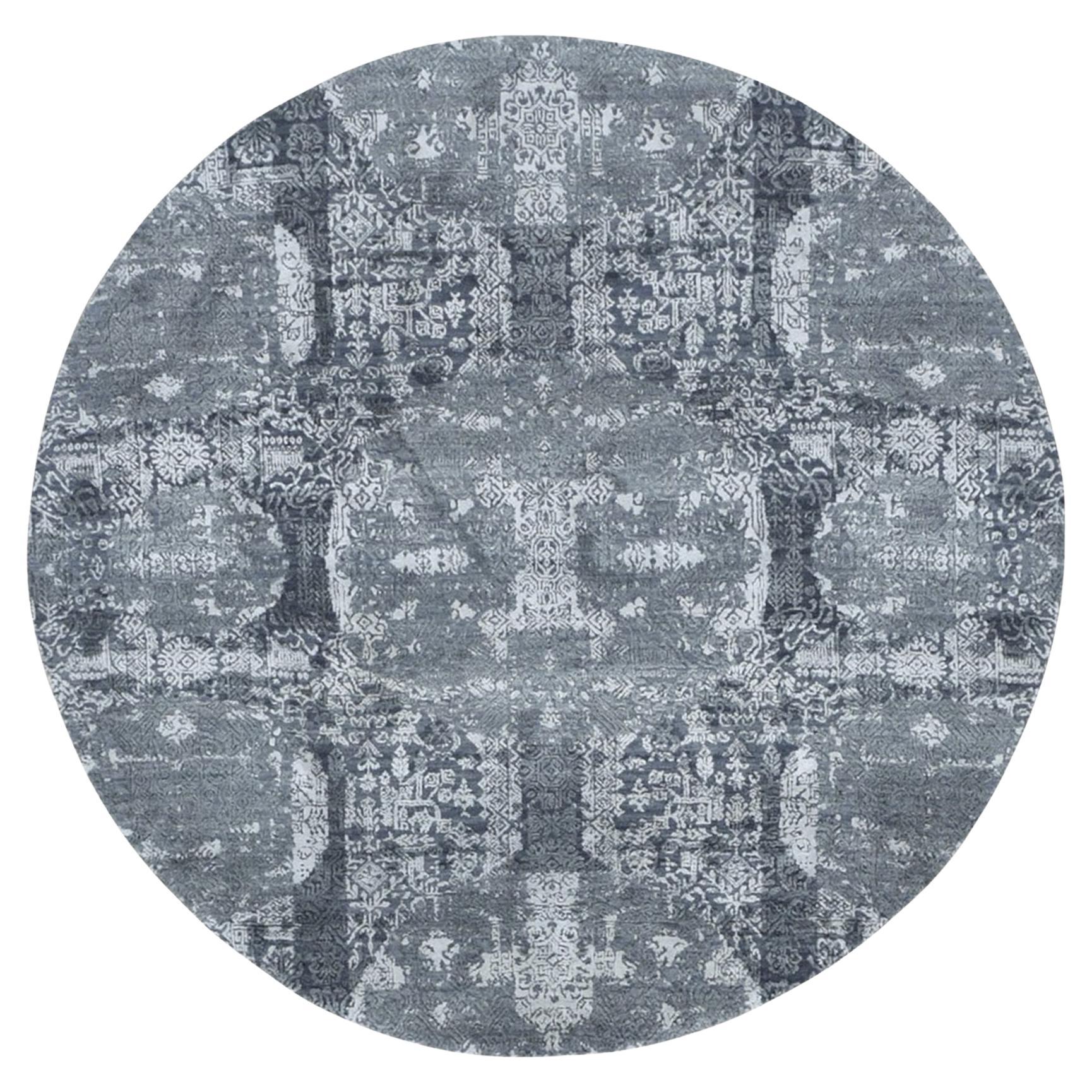 6'x6' Round Gray Wool And Pure Silk Jewellery Design Hand Knotted Rug