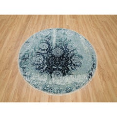 Alfombra redonda anudada a mano de lana y seda azul zafiro borrado zoroastriano 6'x6